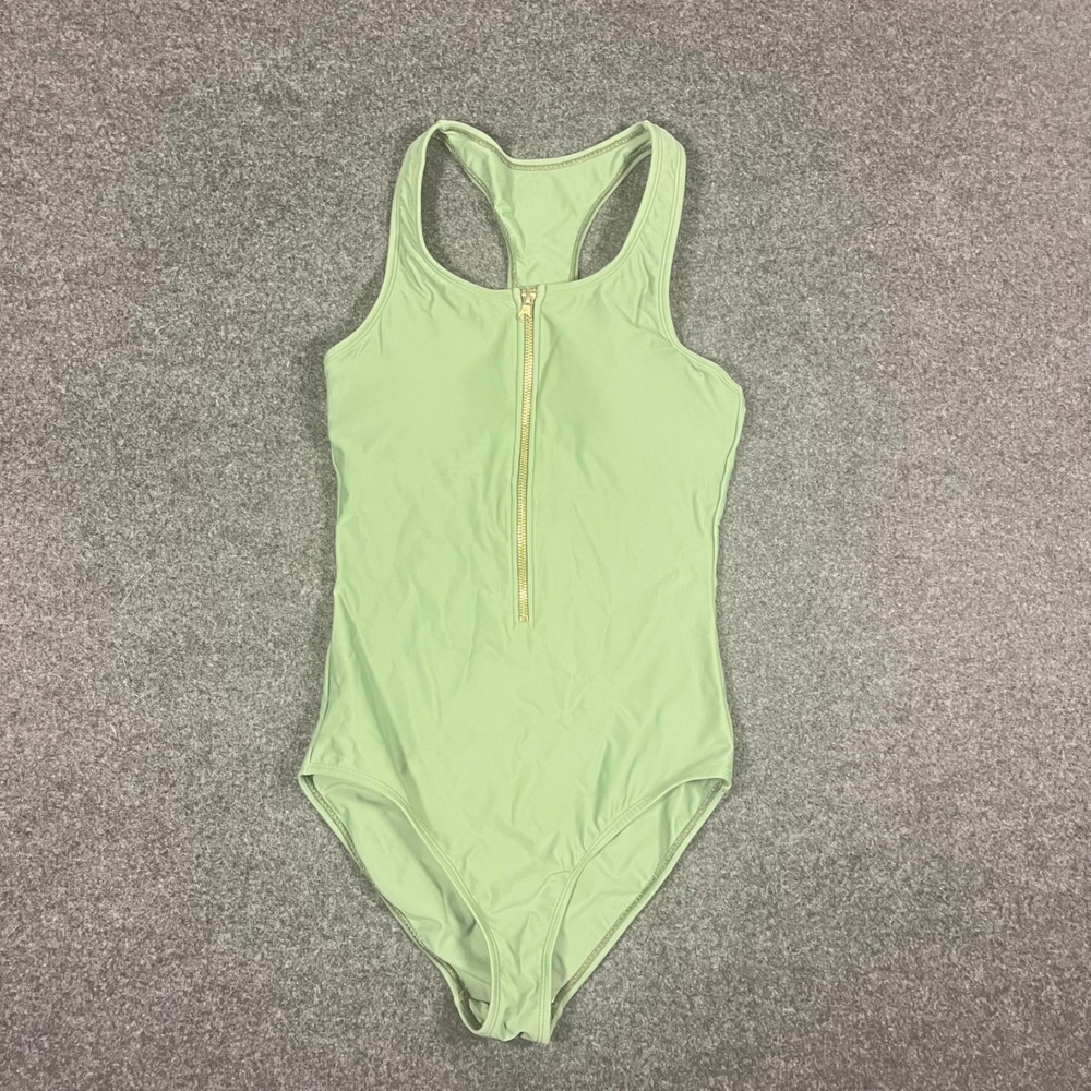 RAD Swim Jenna One Piece Swimsuit Sage Green Front Zip Racerback Womens Small